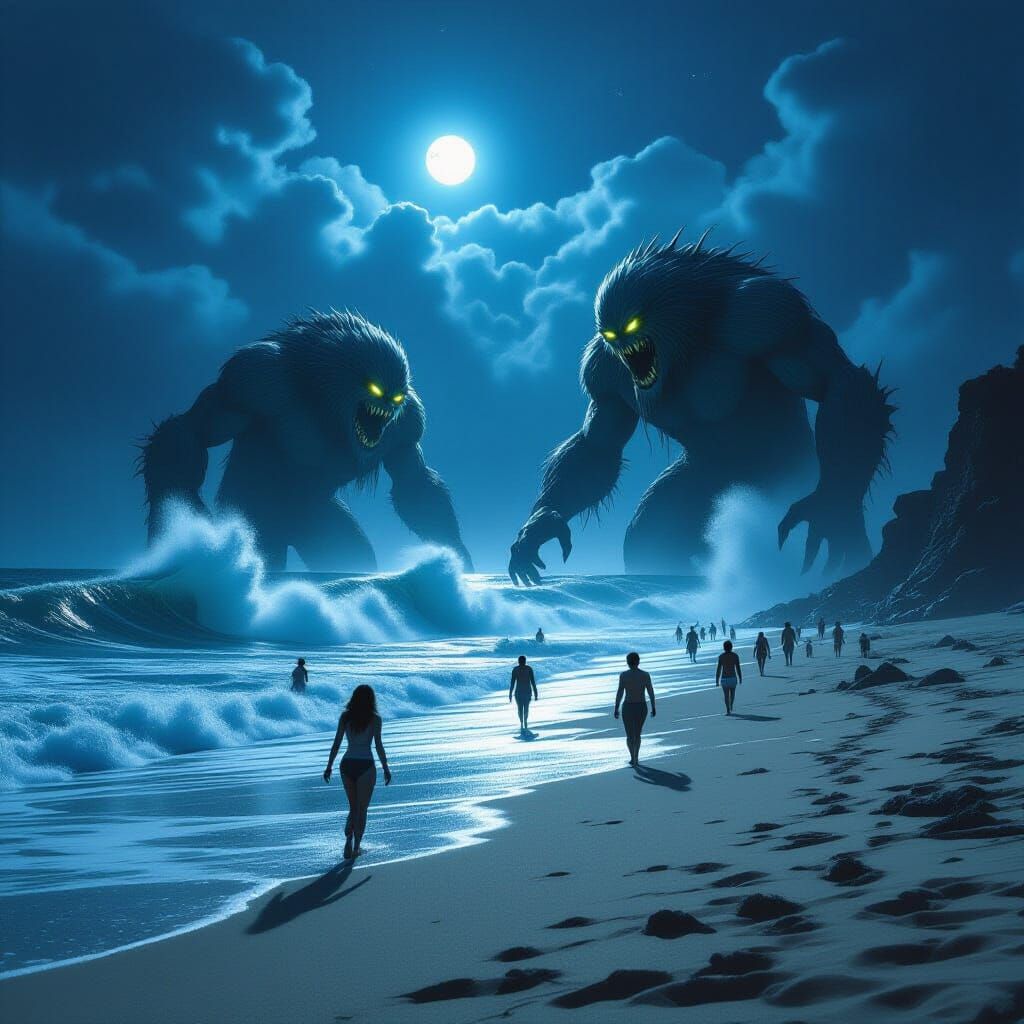 Monsters Emerge from the Sea at Night