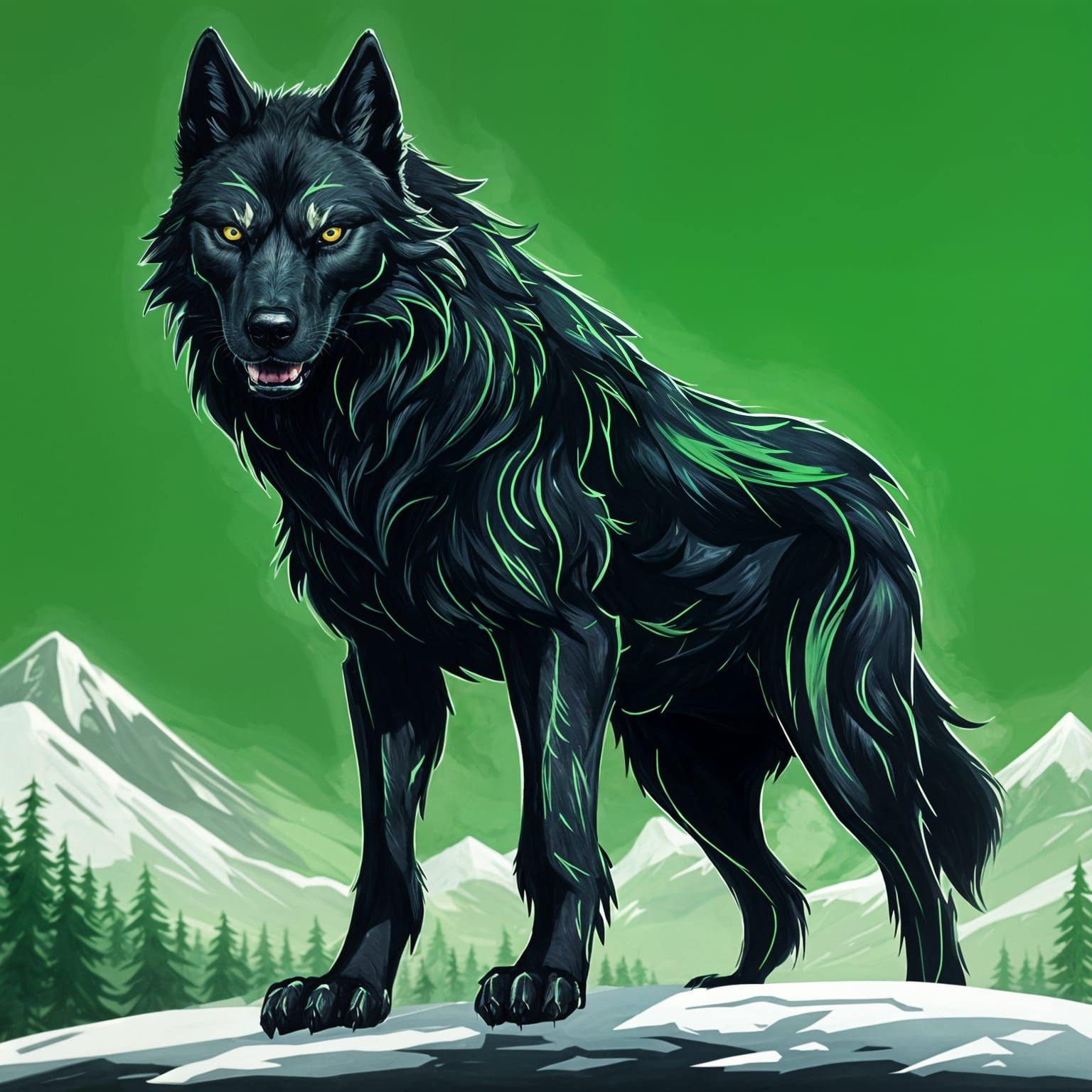 Gigantic Legendary Black Wolf Fenrir with Green Eyes
