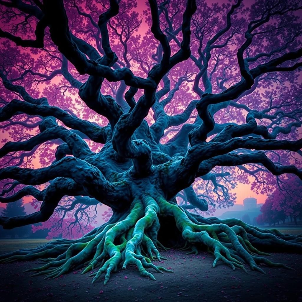 A huge Unreal looking tree.the branches thick and. From the bottom, Each leaf looks like it is a different neon colored ...