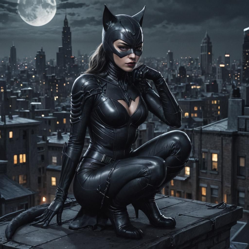 Cat Woman Crouching on Gotham Rooftop