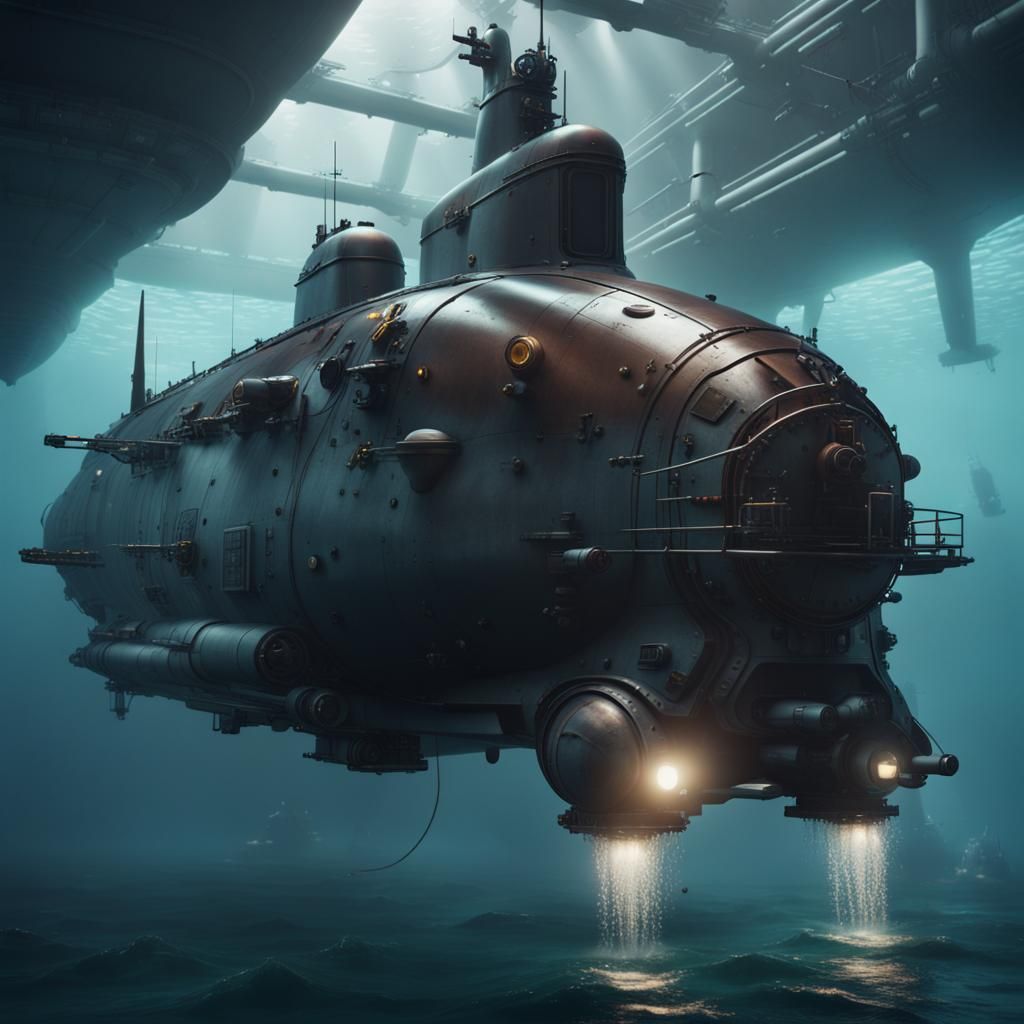 Modern Submarine with Search Lights in Detailed Matte Painti...