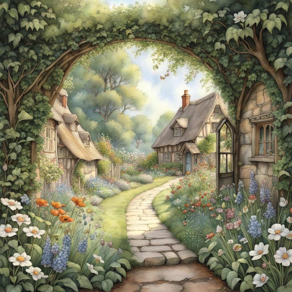 Cottage Garden Pencil Drawing in Brambley Hedge Style