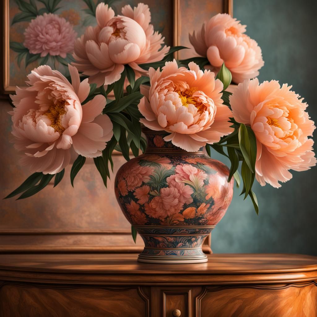 Hyperrealistic Peonies in Antique Vase Splash Art