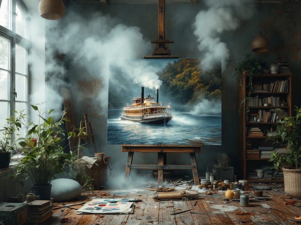 Steam Paddle Wheel Boat in a Whimsical Art Studio