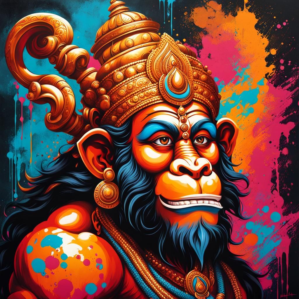 Hanuman and Rama in Vibrant Graffiti Art