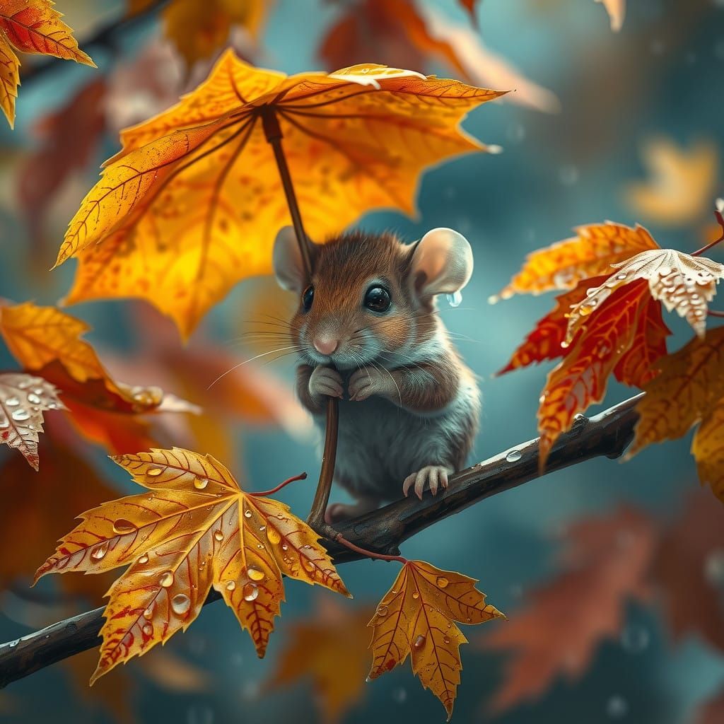 A Drenched Mouse Finds Solace in Autumn's Golden Glow