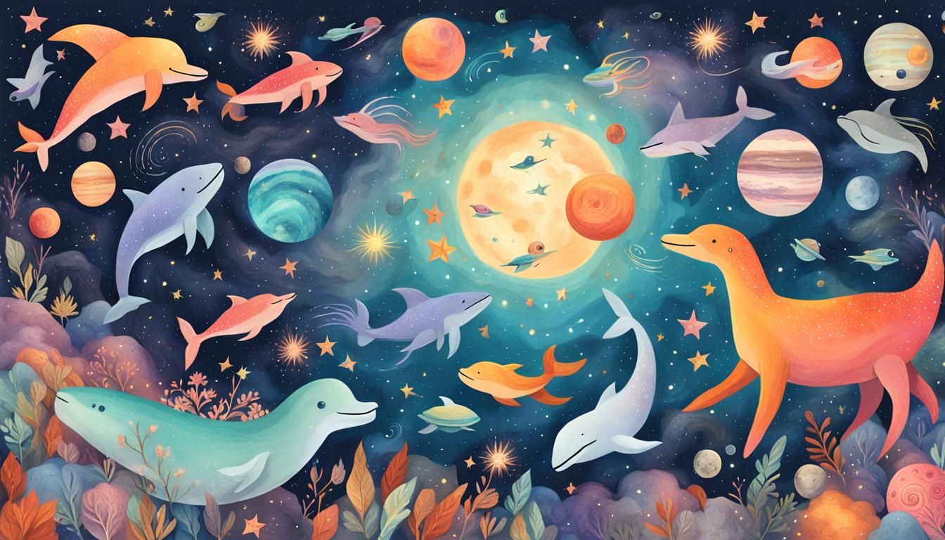 Mystical Creatures Soaring Through Galaxy Illustration