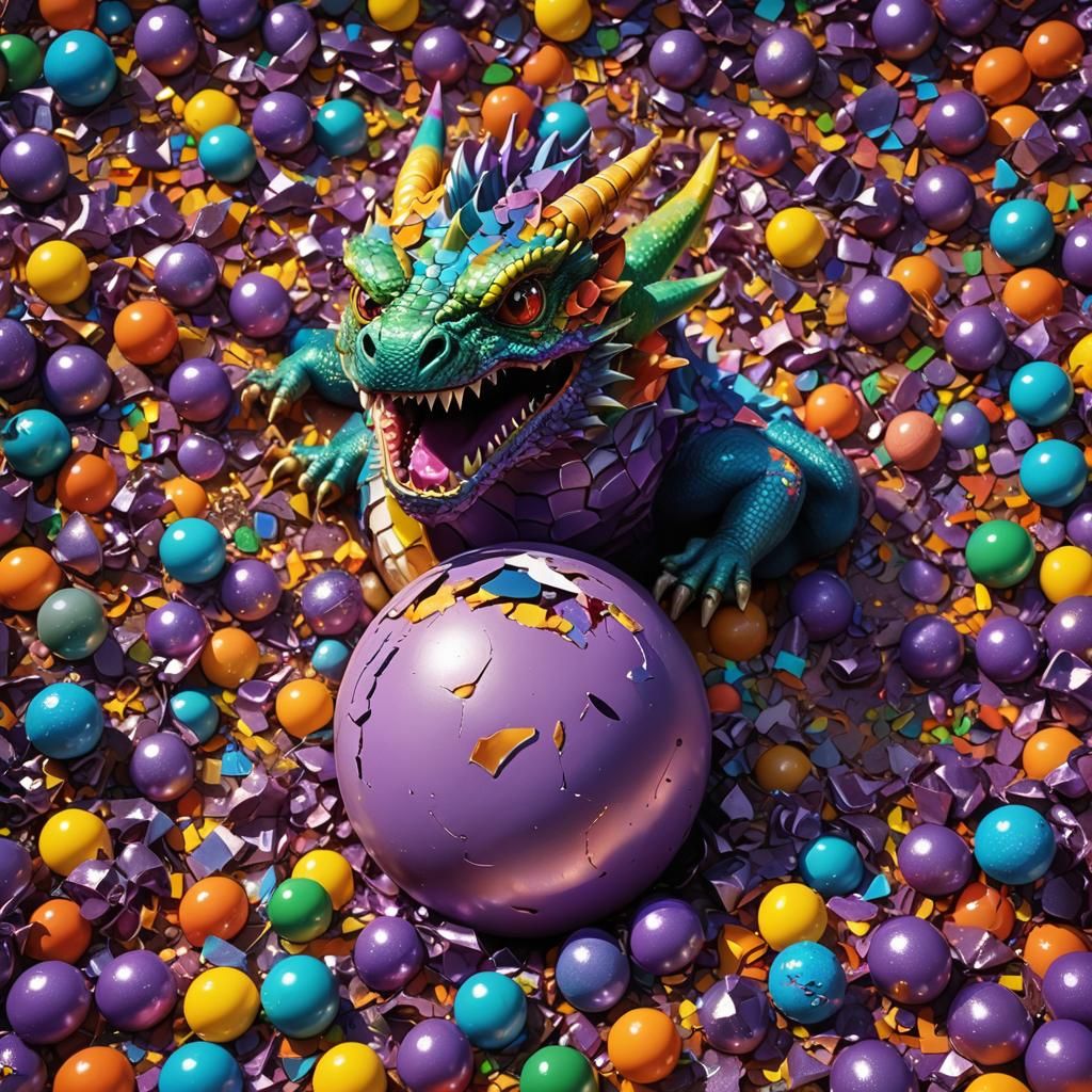Metallic Dragon Emerges in Messy Ball Pit