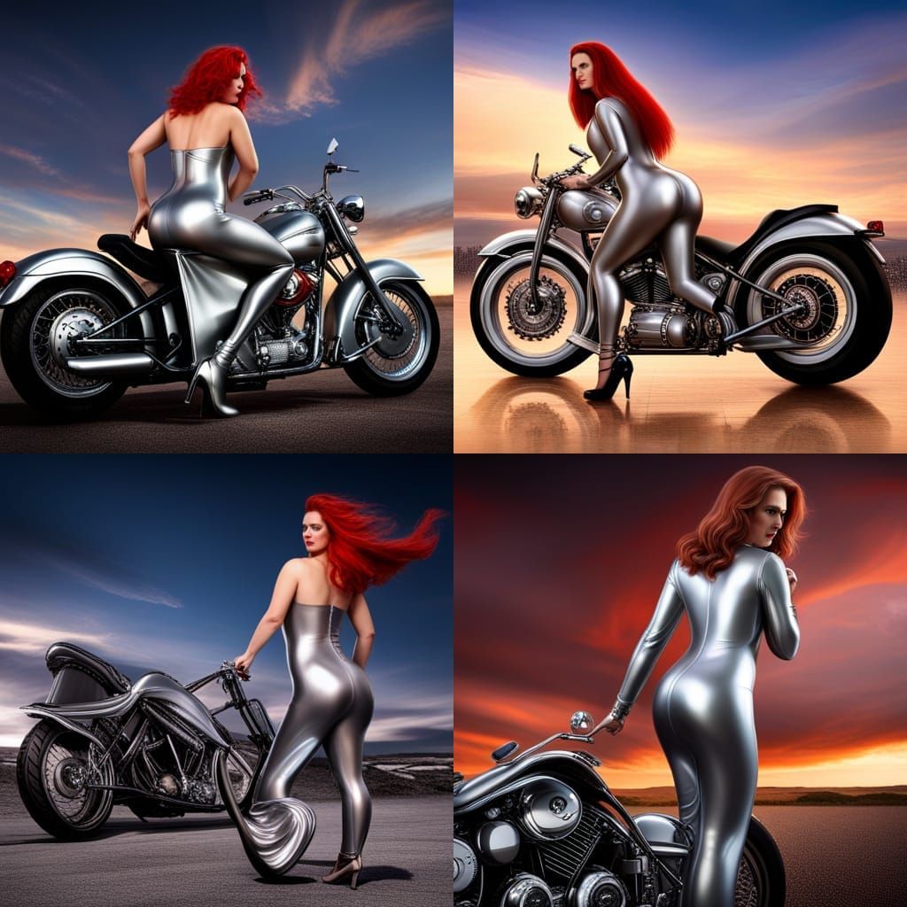 Redhead in Silver Latex Dress on Motorcycle