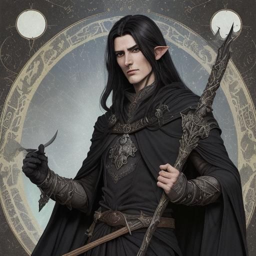 High Elf Sorcerer with Arcane Staff in Art Nouveau Style