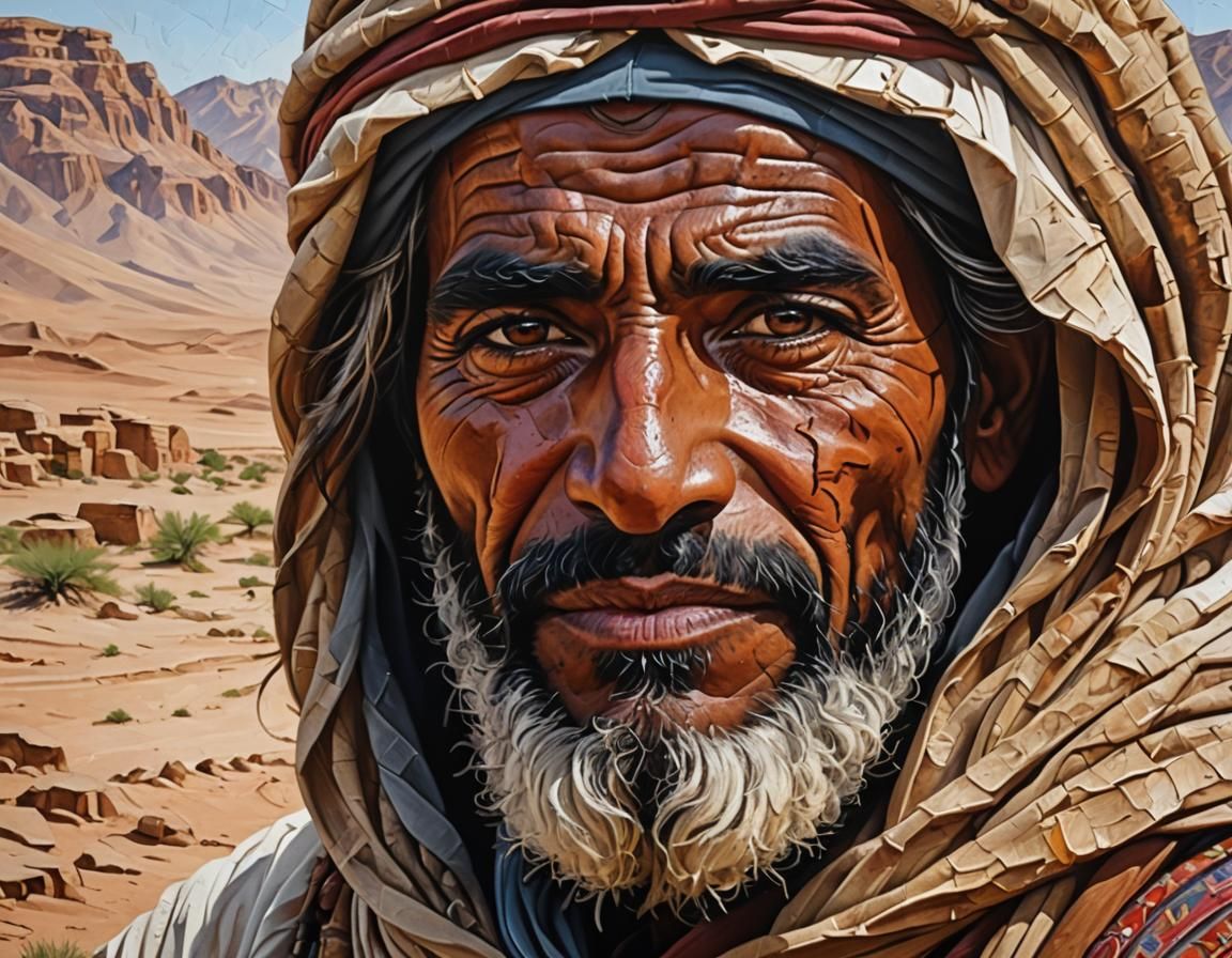 Impasto Portrait of Arab Nomad in Desert