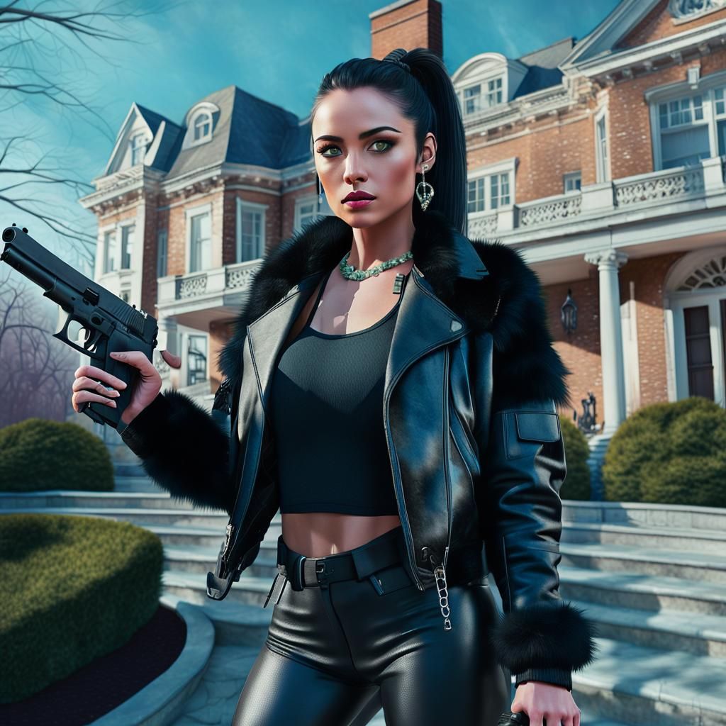 Teenage Girl Posing with Gun: Cinematic Digital Portrait