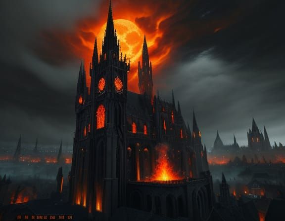 Dark Fantasy Mosaic Scene: Haunting Gothic Town Under Starle...