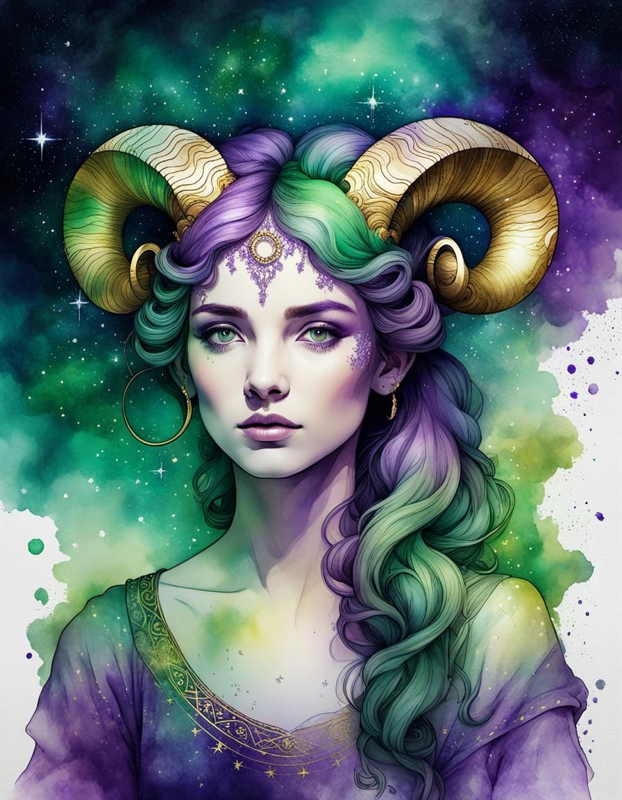 Aries Woman Portrait with Watercolor and Ink