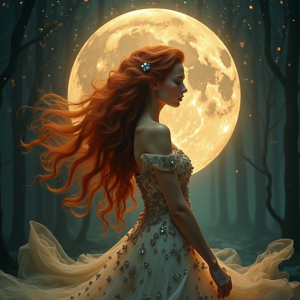 Moon Goddess with Auburn Hair in Art Nouveau Style