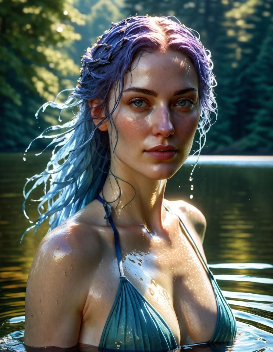 Renaissance Woman Swimming in Forest Lake