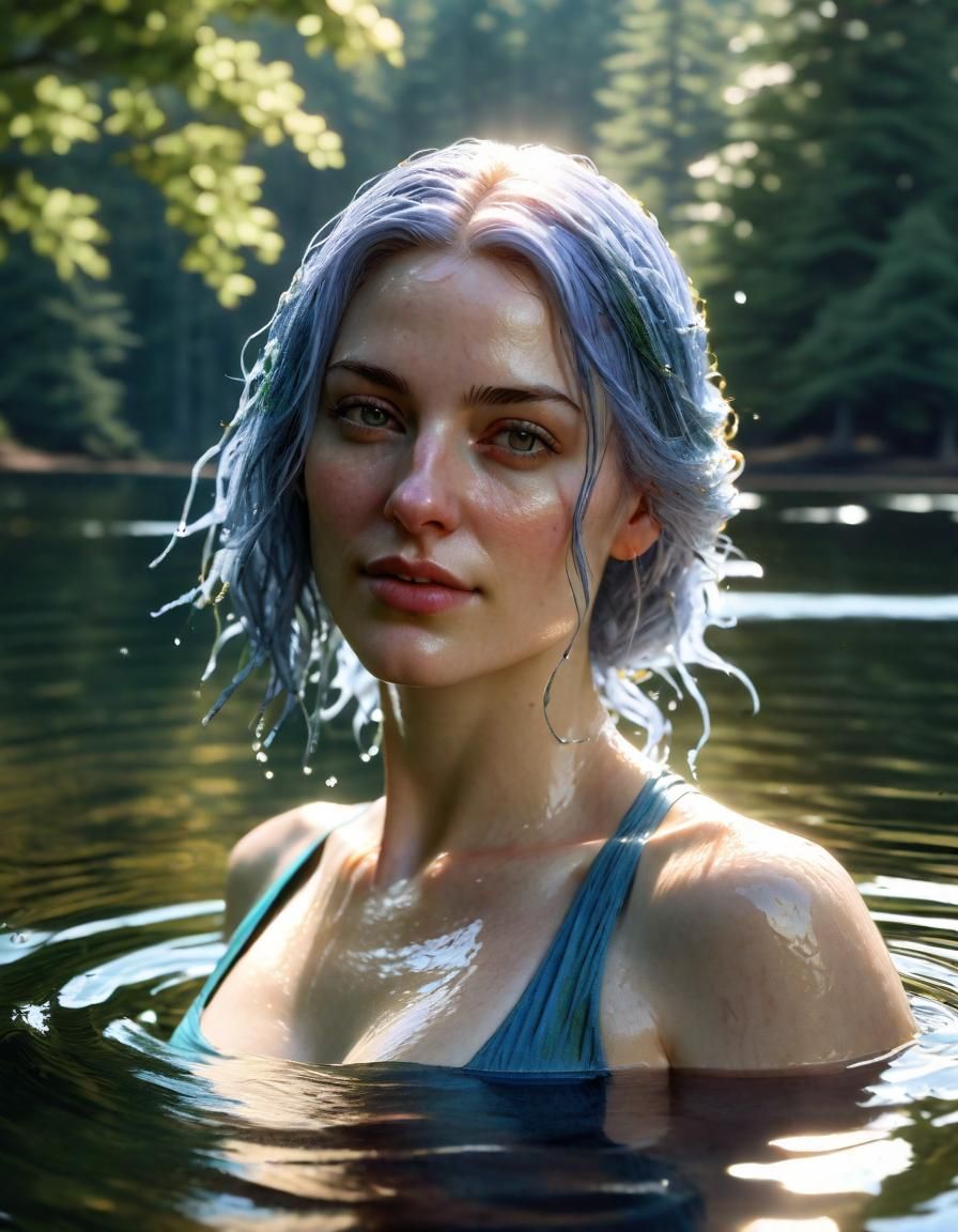 Renaissance Woman Swimming in Forest Lake, Noon Sunlight