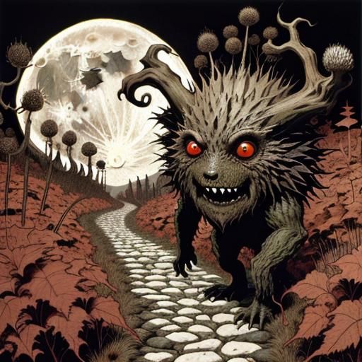 Dark Fantasy Creature Walks to the Moon