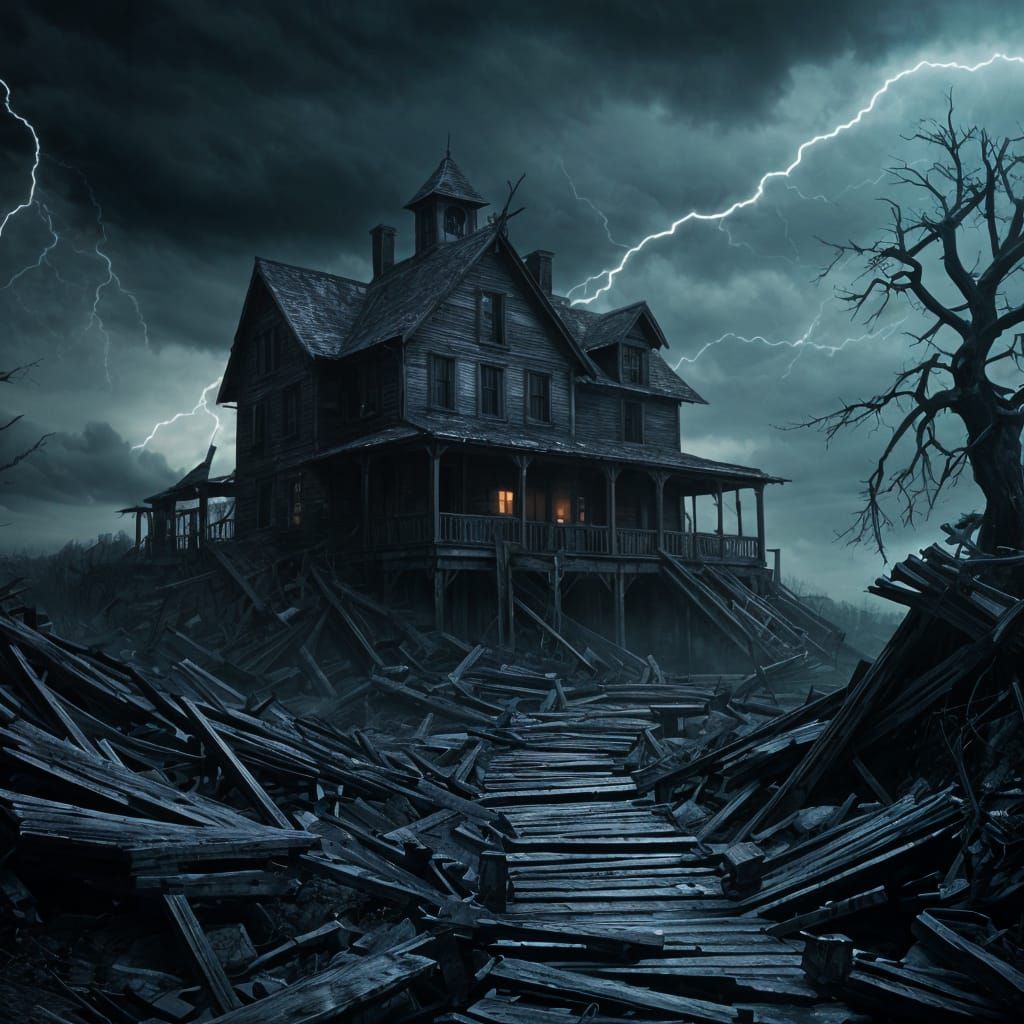 Haunted House Silhouette on Stormy Hill