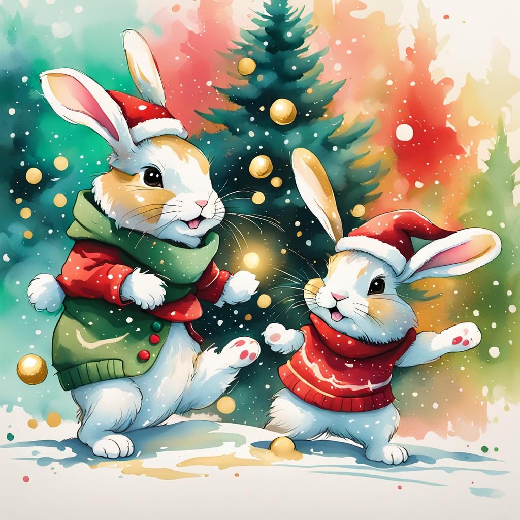Cute Rabbits in Festive Snowball Fight Scene