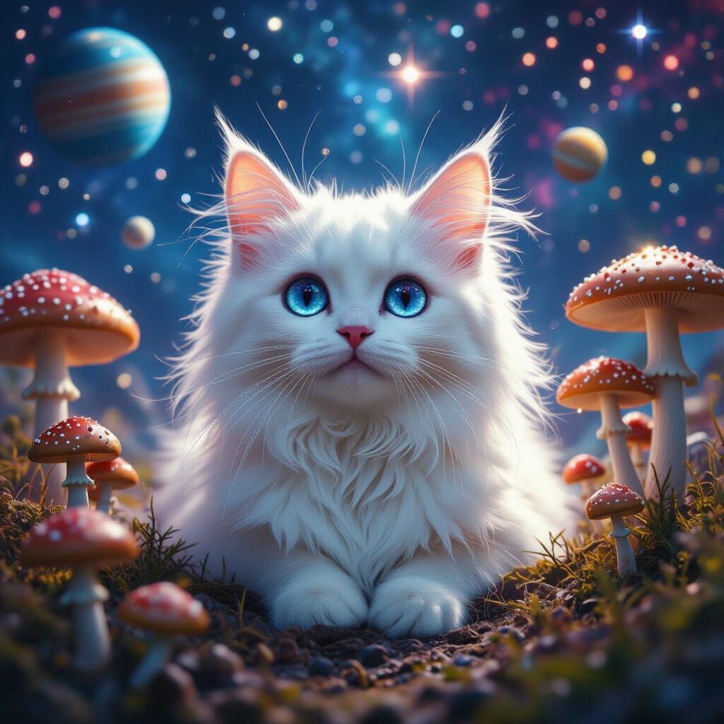 Cosmic Cat with Starry Eyes and Mushrooms