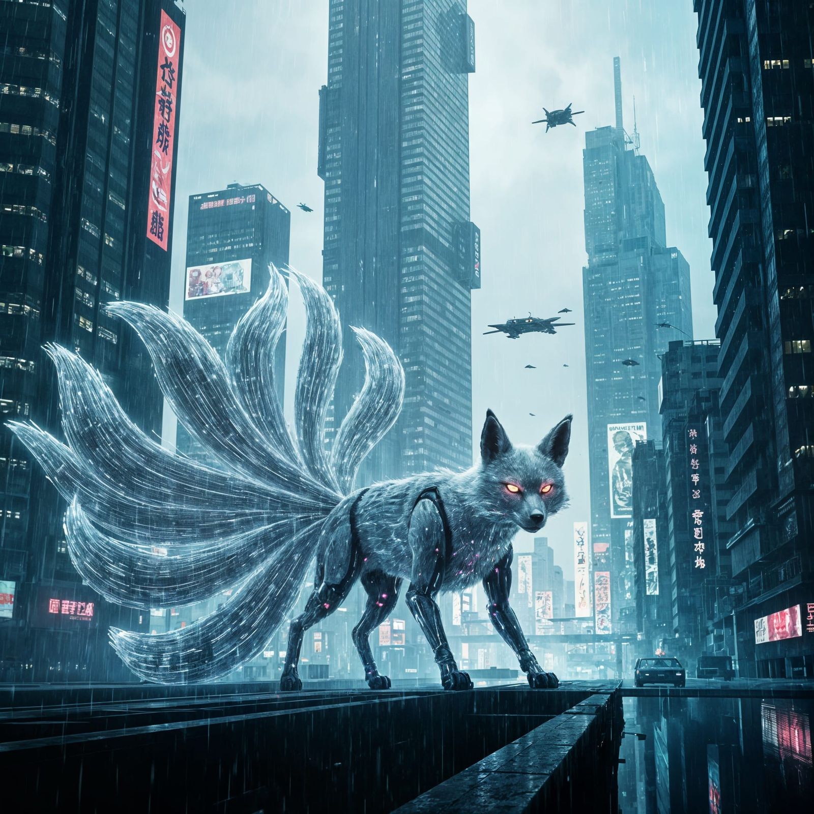 Cyberpunk Kitsune: Nine-Tailed Fox Spirit in Kyoto