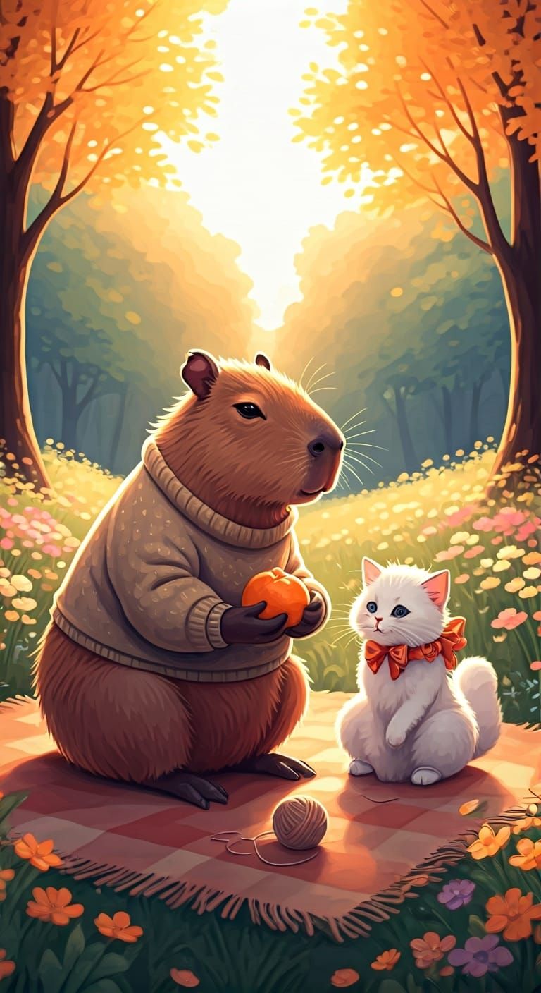 Capybara and Kitten Share Mandarin in Sunny Park