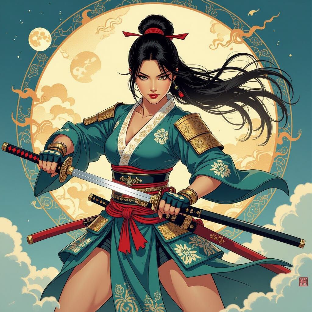 Japanese Warrior Woman with Sword in Ukiyo-e Style