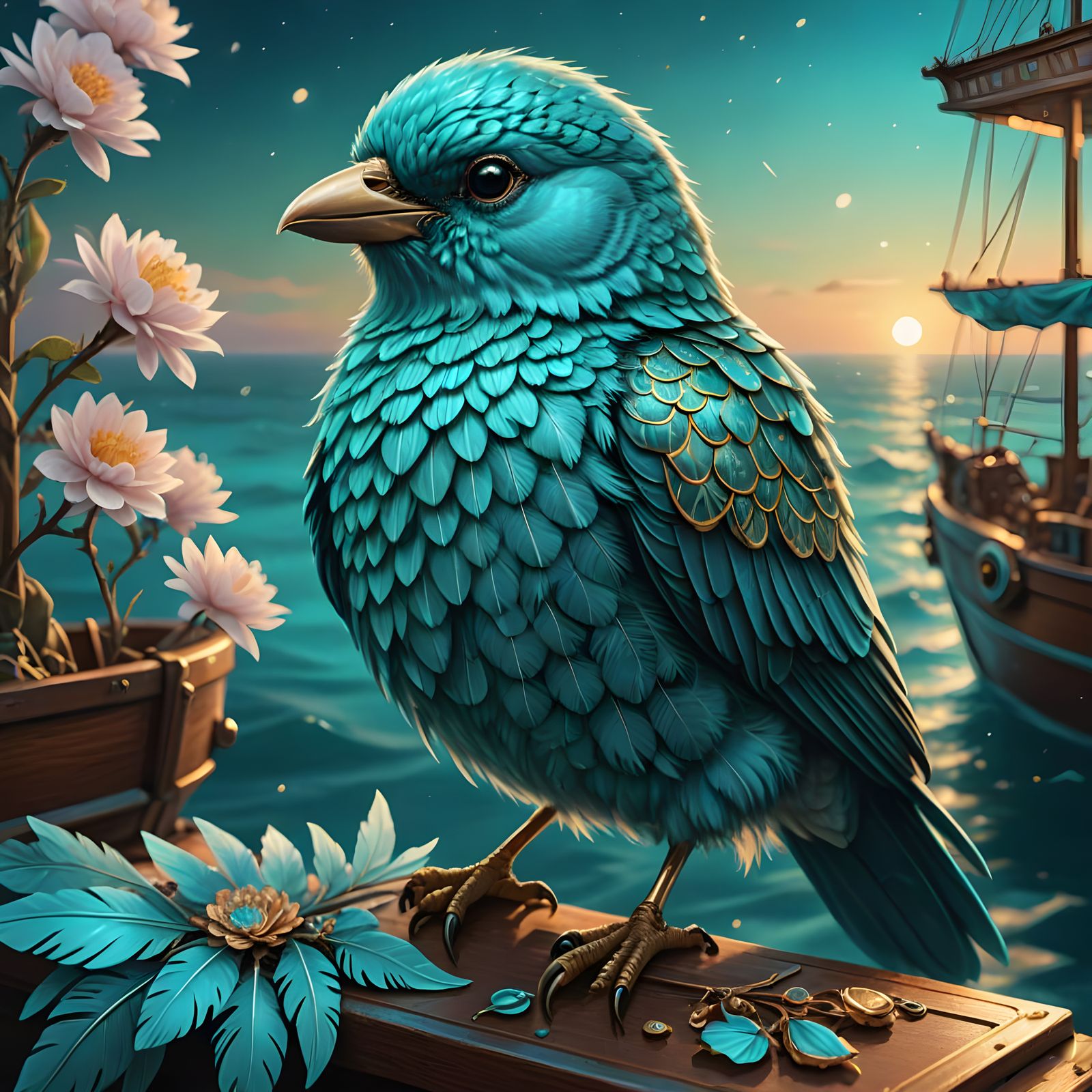 Turquoise Bird on Ship: Fantasy Digital Art