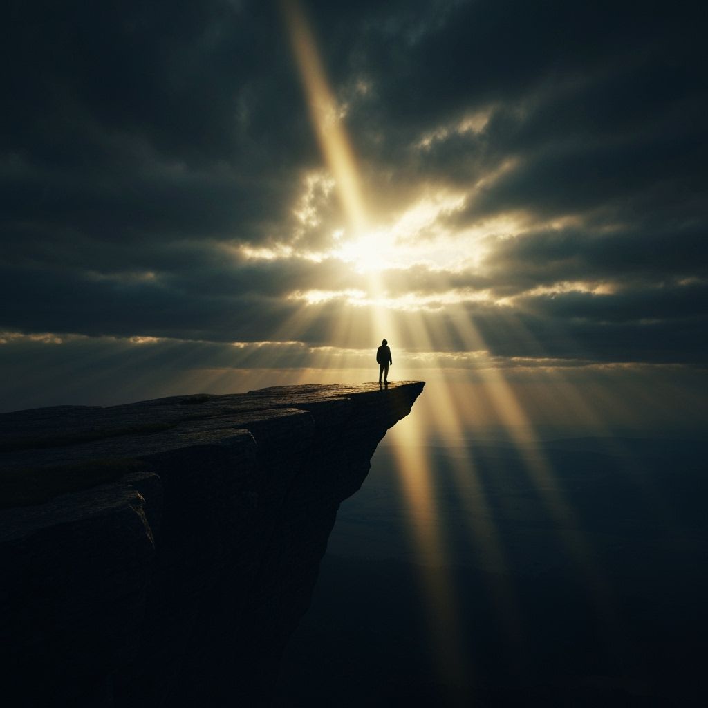 Lone Figure Silhouetted Against Dramatic Sunlight on Cliff E...