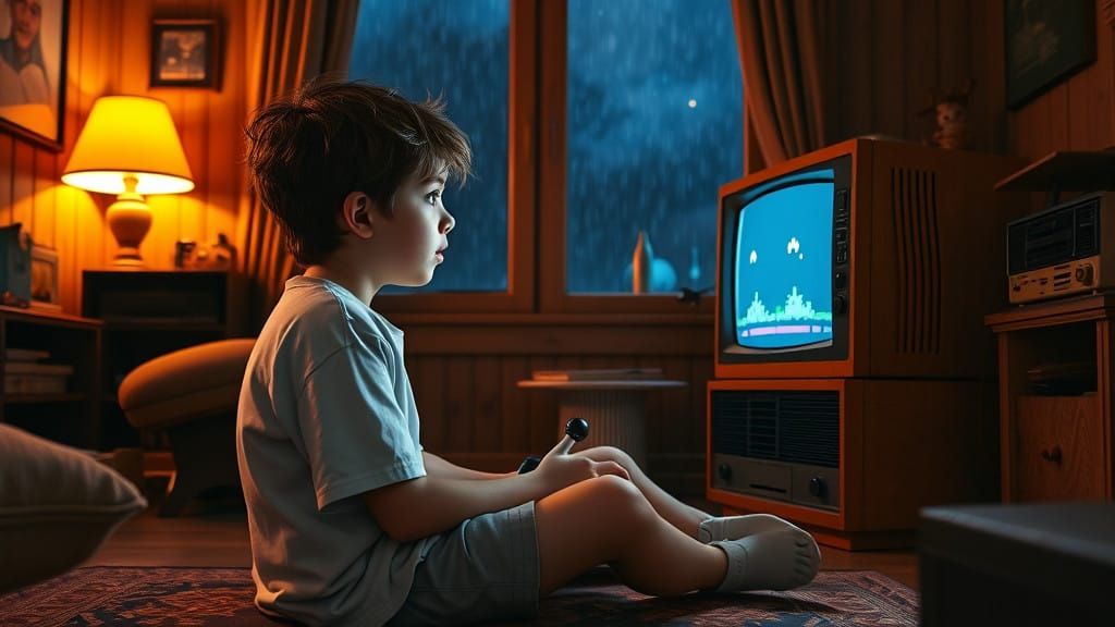 A Young Boy Plays Atari on a Rainy Night in a Cozy 1981 Livi...