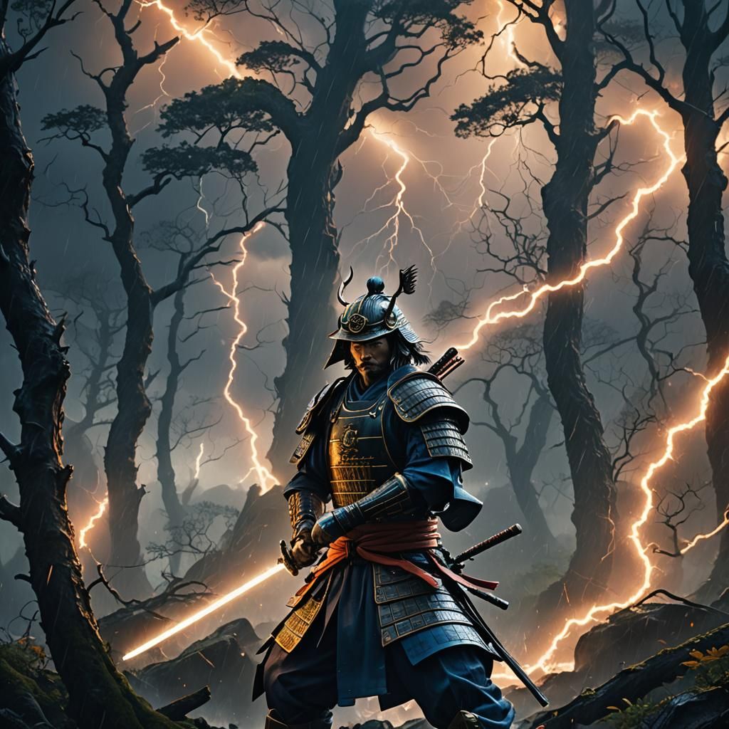 Samurai Warrior in Lightning Storm, Fantasy Concept Art
