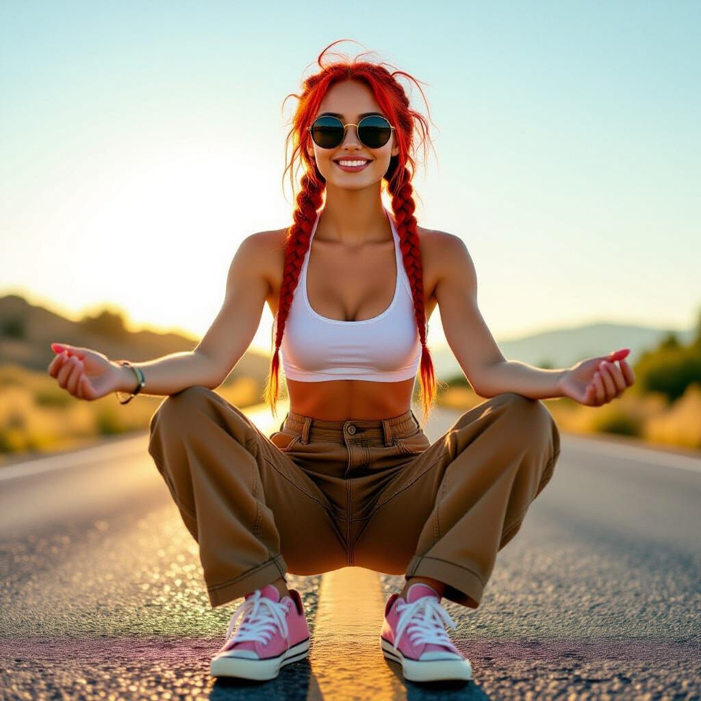 Woman Hitchhiking on Sun-Drenched Highway