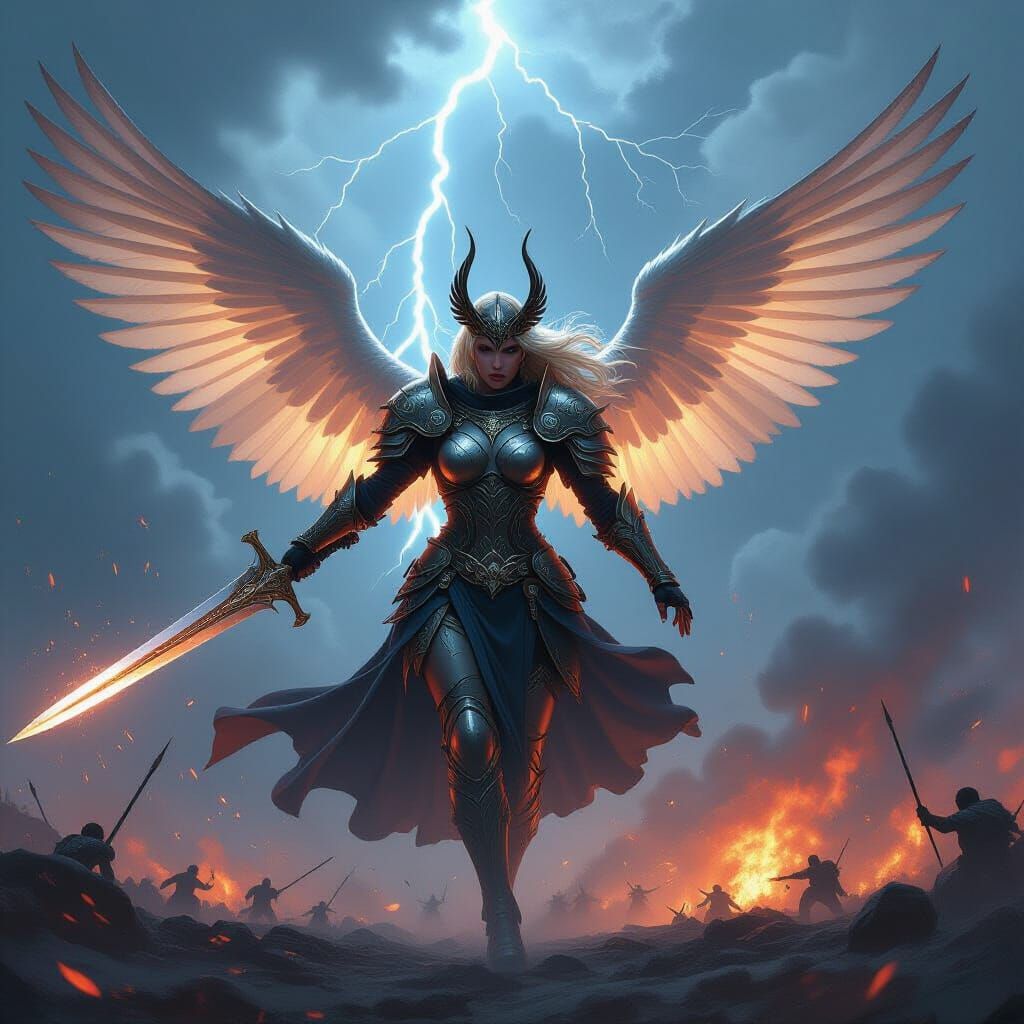 Valkyrie Warrior Soaring Through Stormy Skies