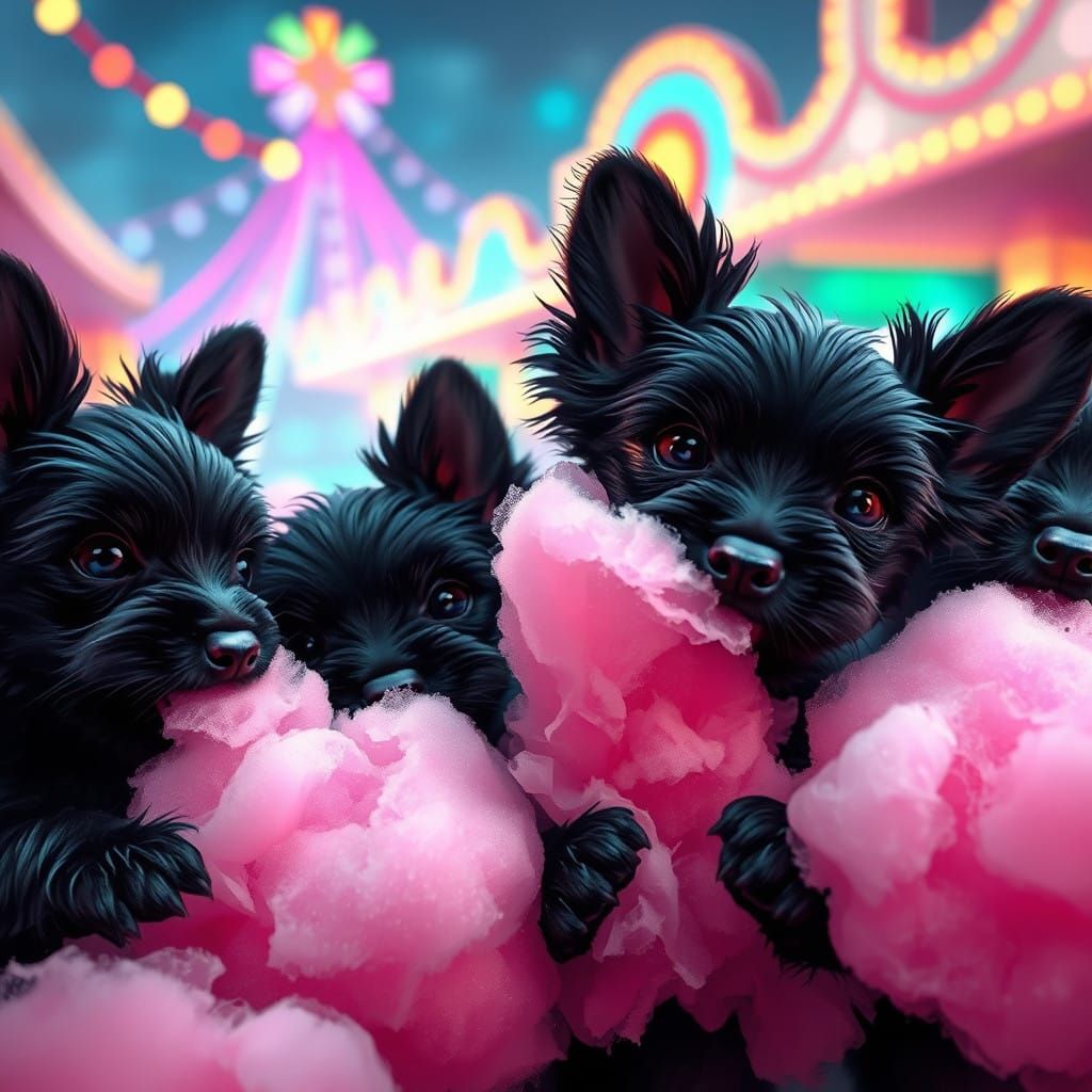 Critters at the carnival: Black scottie puppies eating pink cotton candy.