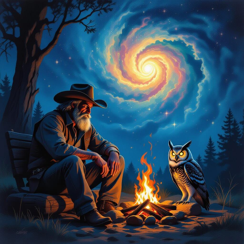 Cowboy by Campfire Under Cosmic Sky, Dark Fantasy Art