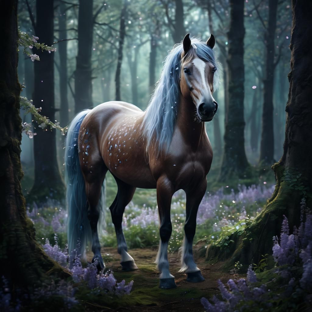 Metallic Forest Horse in Whimsical Setting