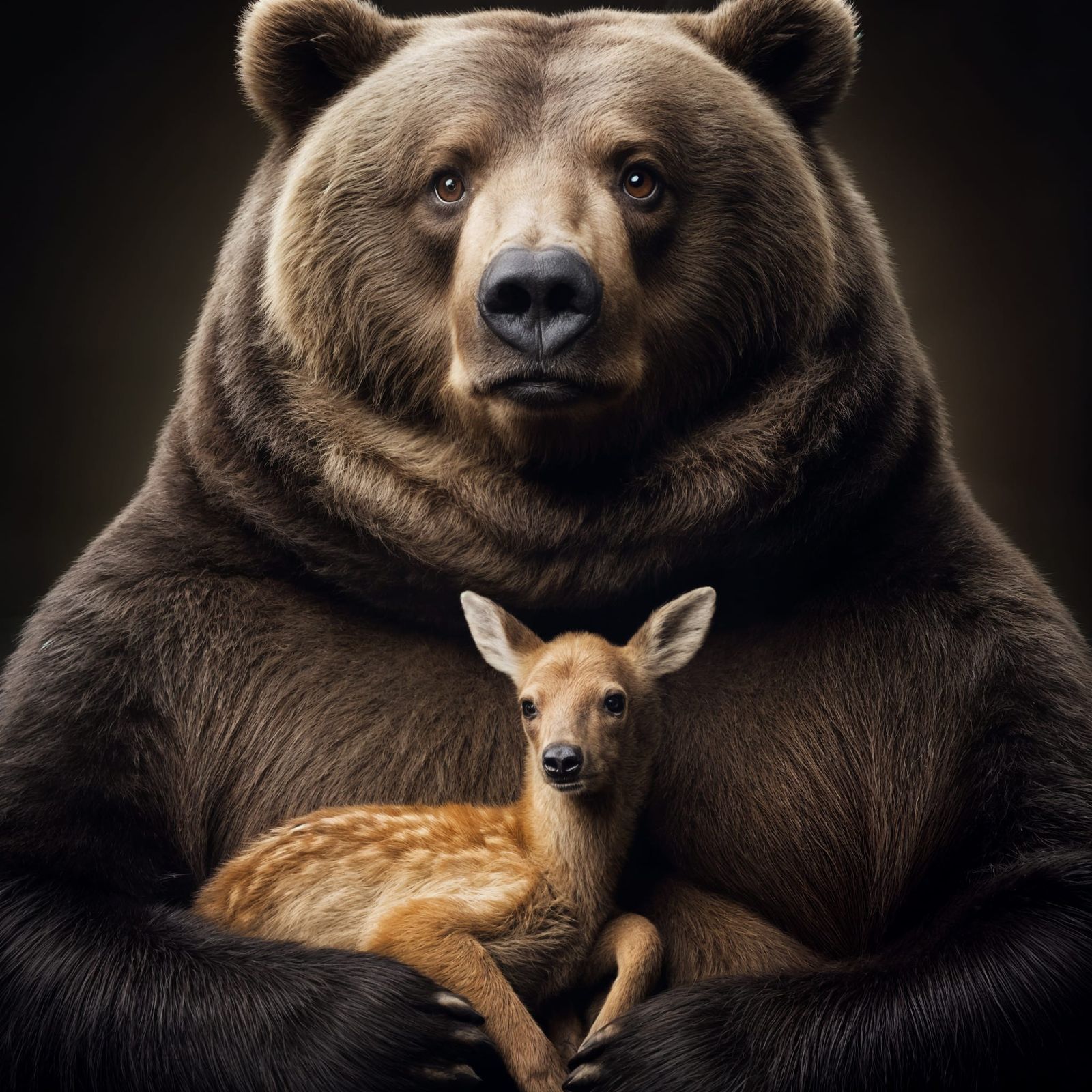 Comedic Close-Up of Obese Bear Holding Deer