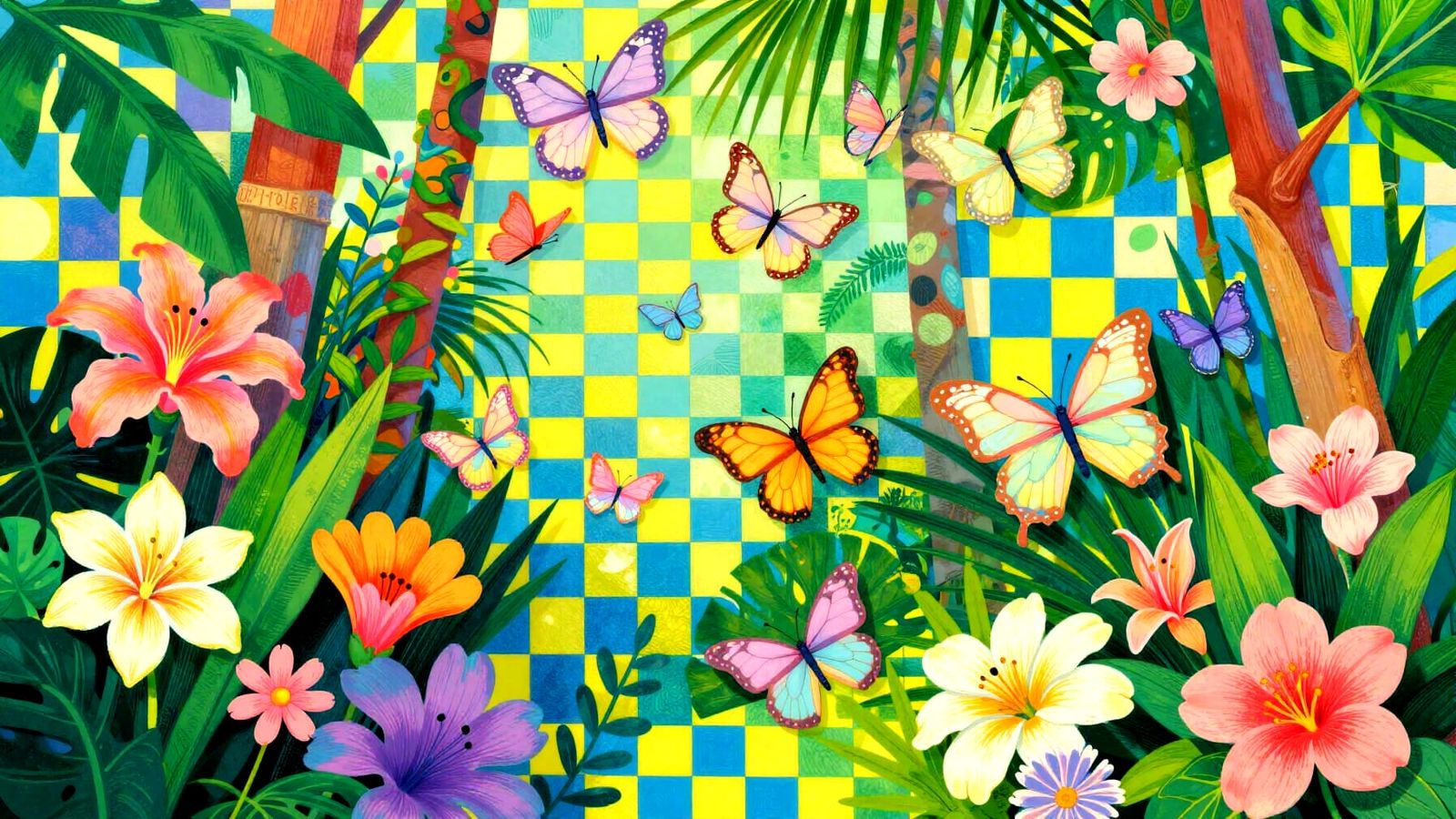 Checkered Forest with Tropical Flowers and Pastel Butterflie...
