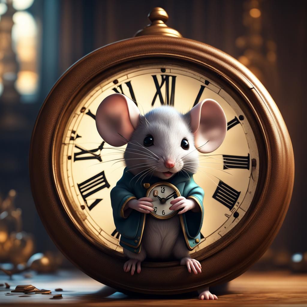 Adorable Mouse on Clock Hand: Fantasy Art