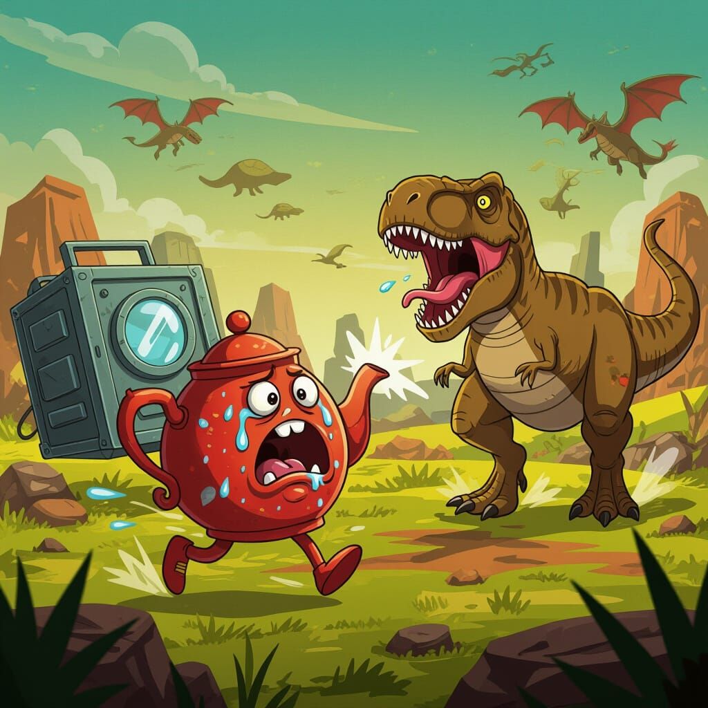 Terrified Teapot Flees T-Rex in Dystopian Grunge Cartoon