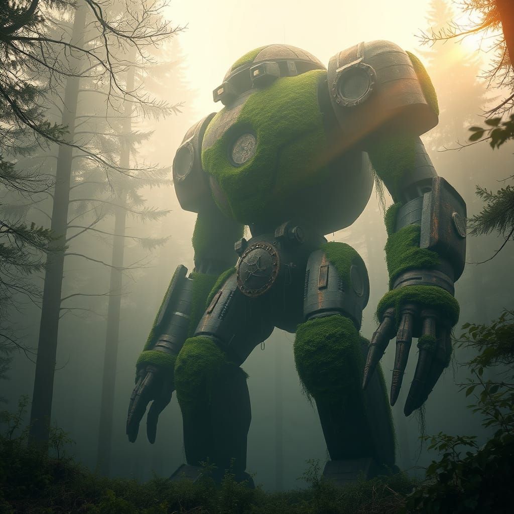 Ancient Moss-Covered Robot in Foggy Forest