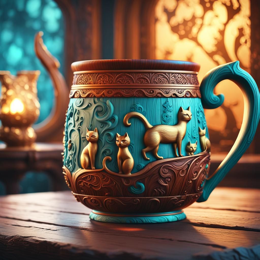 Intricately Carved Wooden Mug with Cats