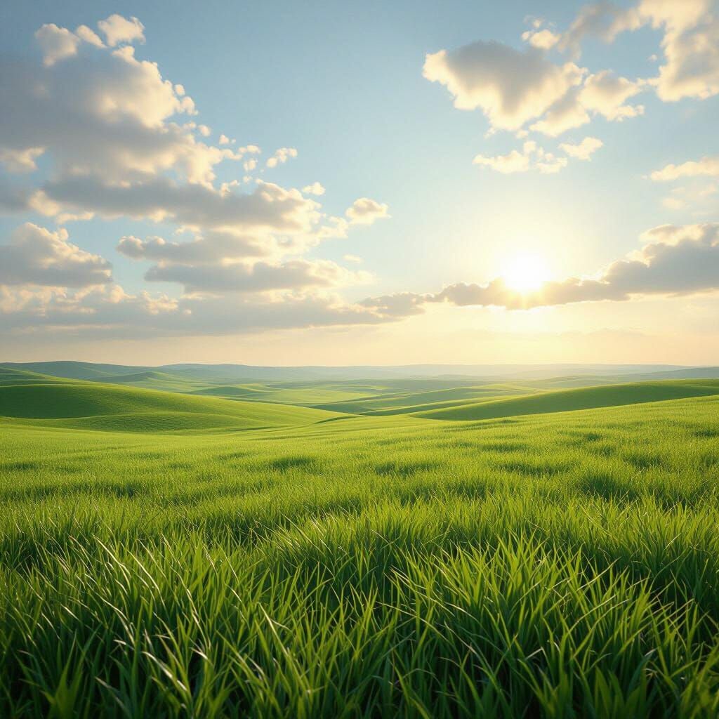 Endless Rolling Green Grass Field to Horizon