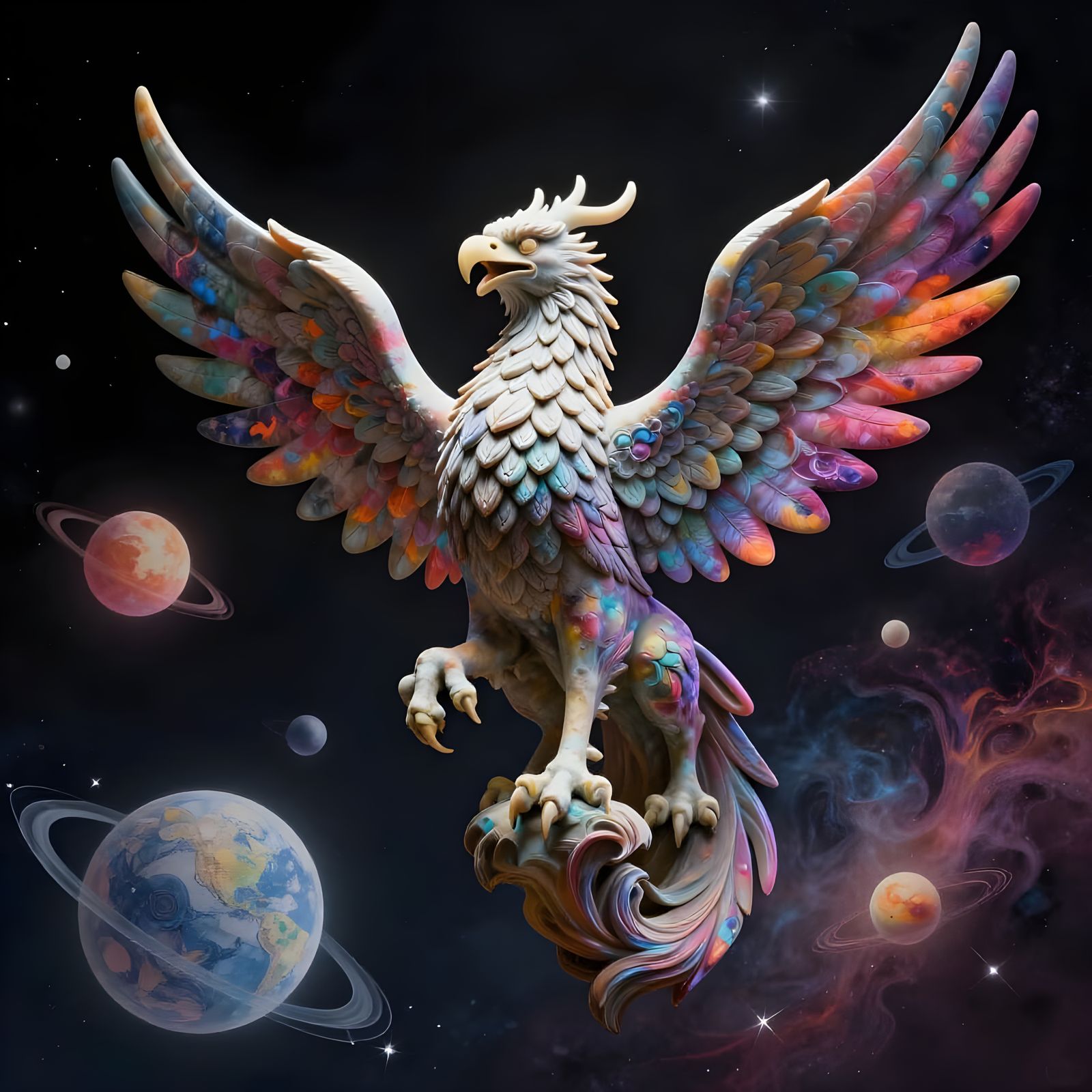 Photorealistic Griffin Sculpture with Celestial Illustration...