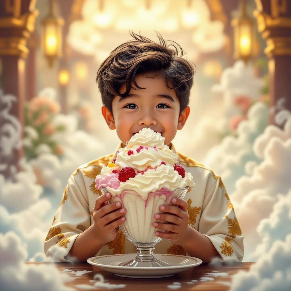 Boy Enjoys Halo Halo Dessert in Ethereal Fantasy Style