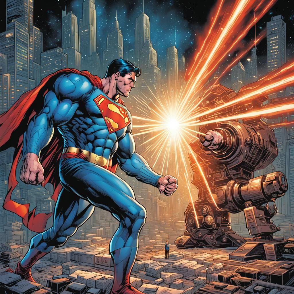 Superman Aims Laser at Robot, Comic Book Art