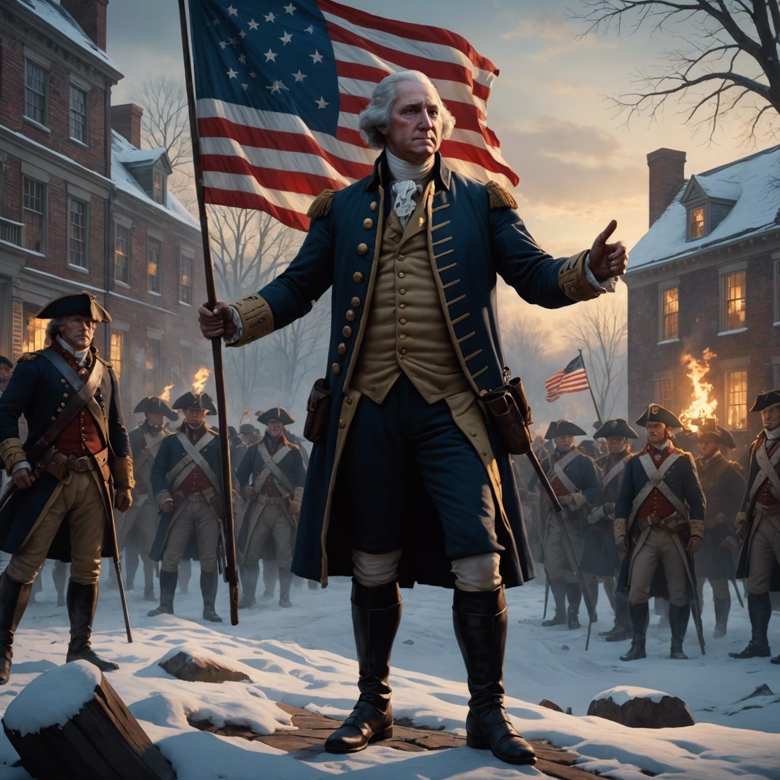 Washington Leads Soldiers in Winter Dusk, Dark Fantasy Art