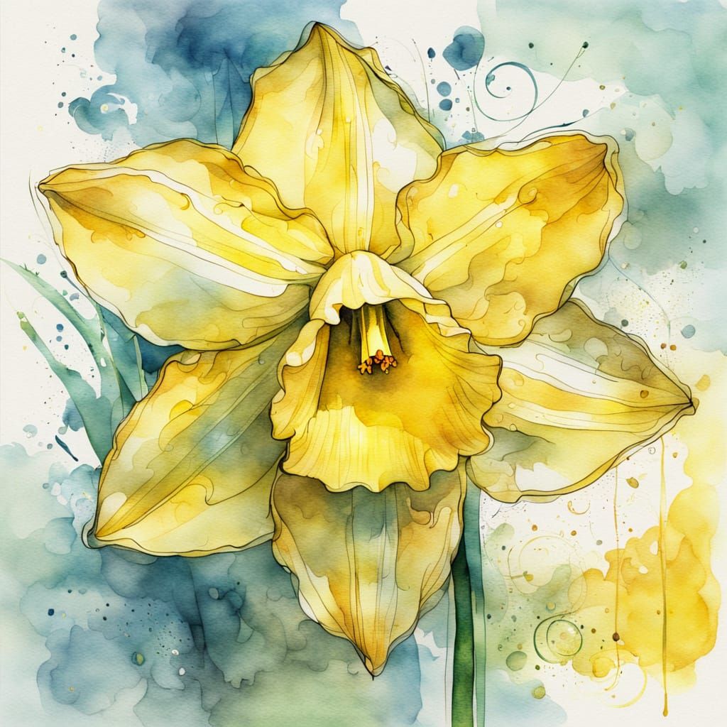 Iridescent Daffodil in Watercolor and Ink