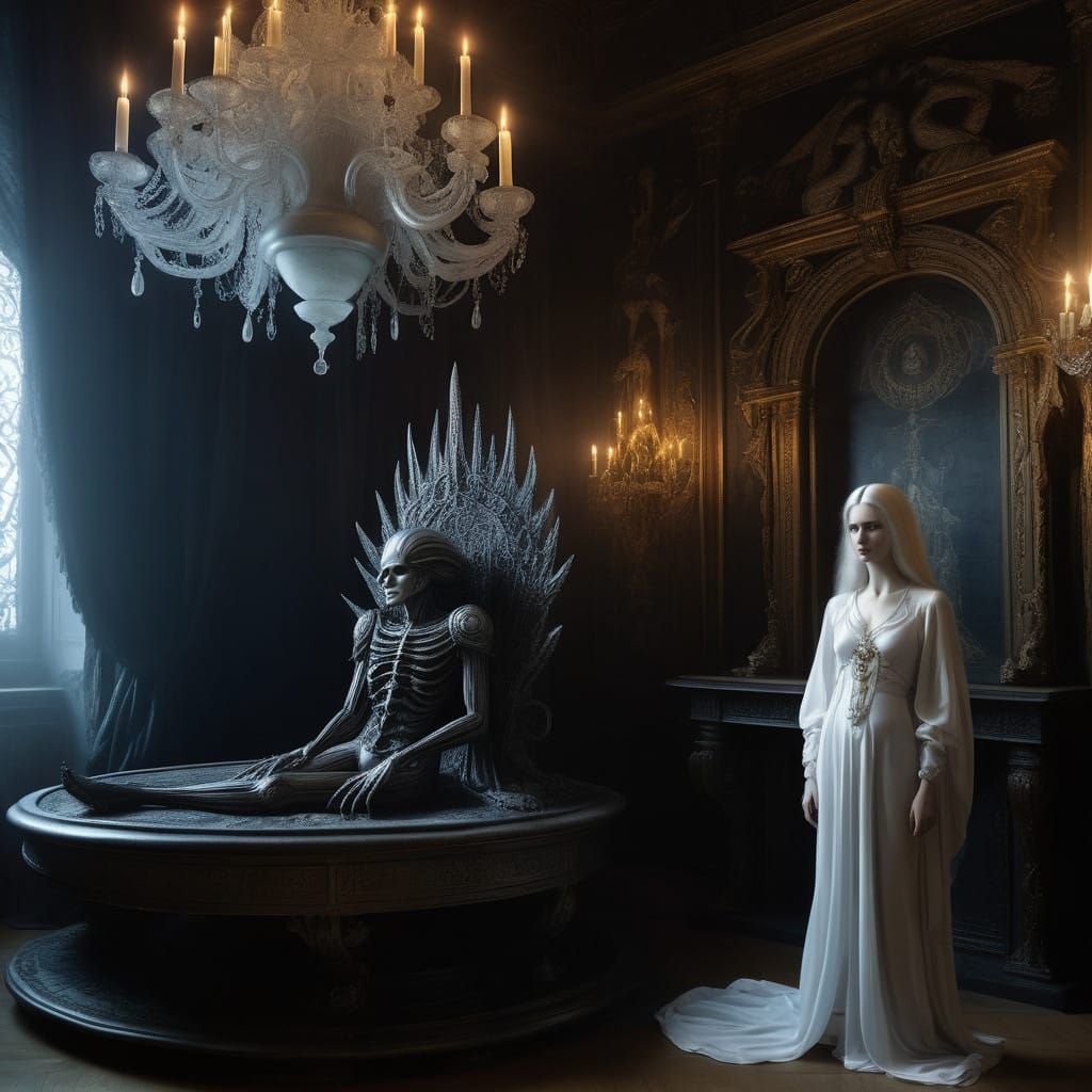 Renaissance-Inspired Throne Room Scene with Moonlit Vigilanc...